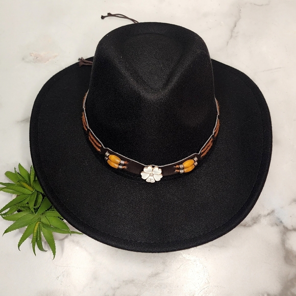 Black Cowboy Hat w/Removable Hat Band Adorned w/Designer Button - Picture 5 of 9
